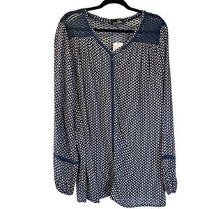 NWT‎ Suzanne Betro 1X Floral Tunic Lace Yoke V-Neck Long Sleeve Navy Blouse